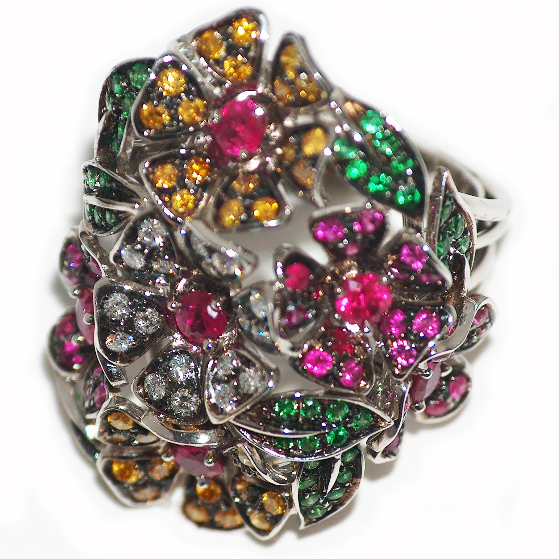 Paolo Piovan Diamonds, Sapphires, Rubies, Tsavorites 18 Karat White Gold Ring In New Condition For Sale In Padova, Padova