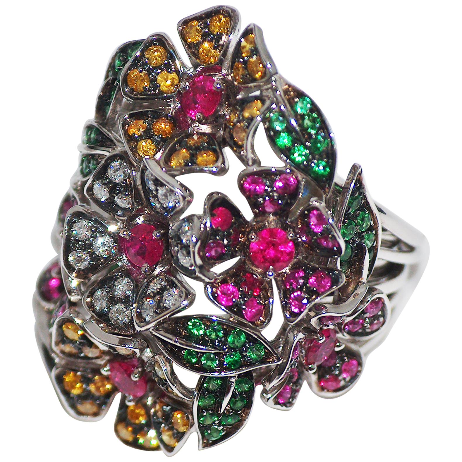 Paolo Piovan Diamonds, Sapphires, Rubies, Tsavorites 18 Karat White Gold Ring For Sale