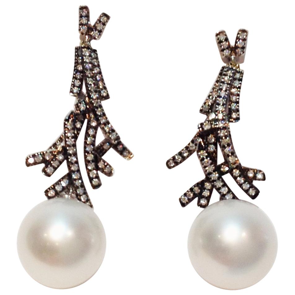 Paolo Piovan Diamonds South Sea Pearl White Gold Cocktail Earrings