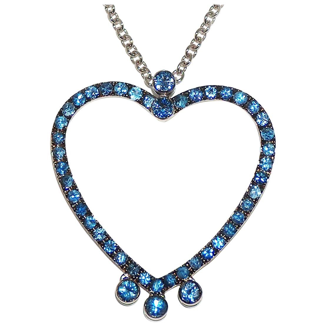 Paolo Piovan Light Blue Sapphires 18 Karat White Gold Heart Necklace For Sale