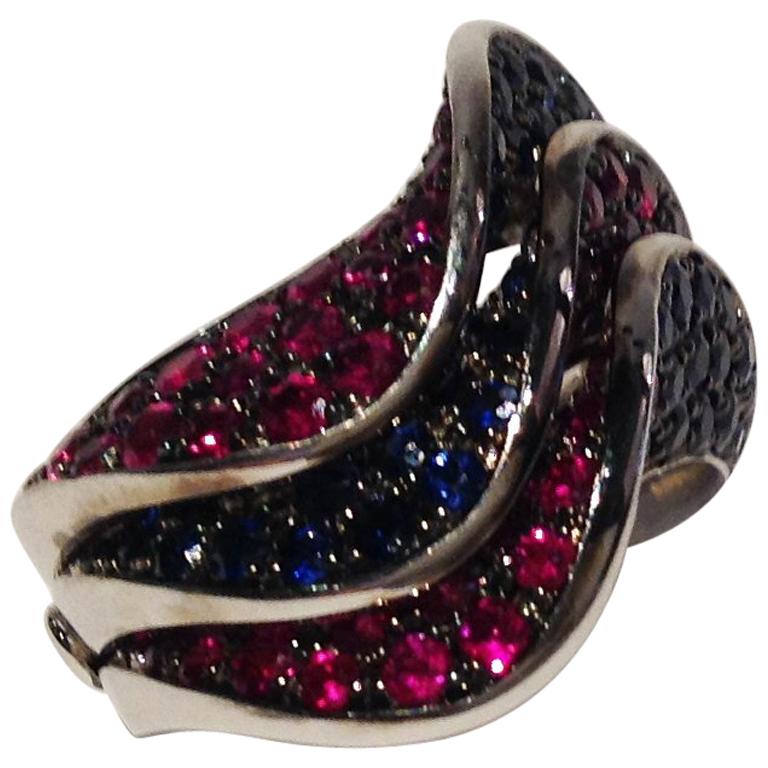 Paolo Piovan Rubies Blue Sapphires White Gold Ring For Sale