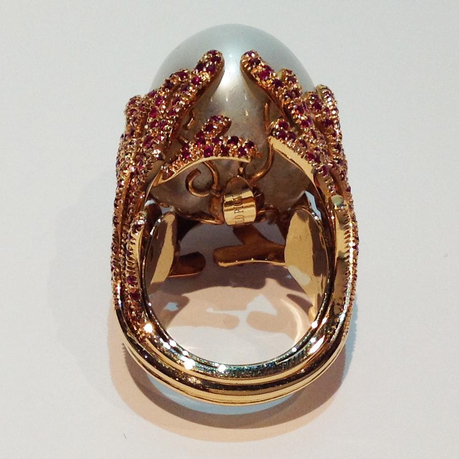 Paolo Piovan Rubies South Sea Pearl Pink Gold Cocktail Ring In New Condition For Sale In Padova, Padova