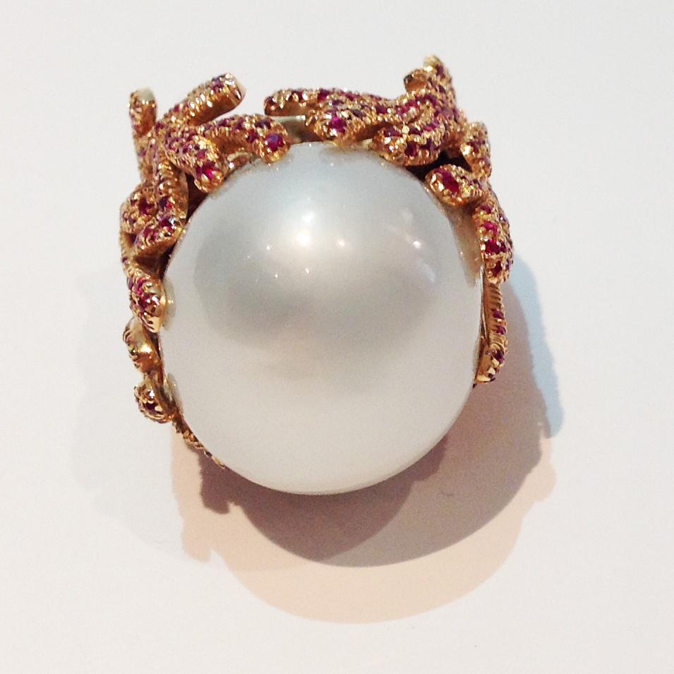 Women's Paolo Piovan Rubies South Sea Pearl Pink Gold Cocktail Ring For Sale