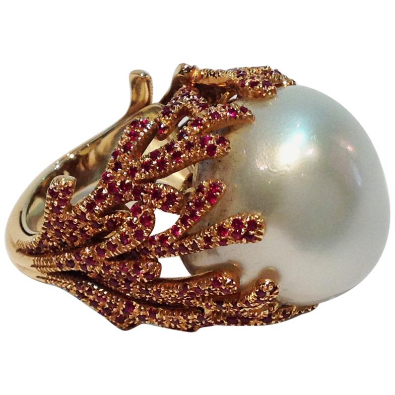 Paolo Piovan Rubies South Sea Pearl Pink Gold Cocktail Ring For Sale