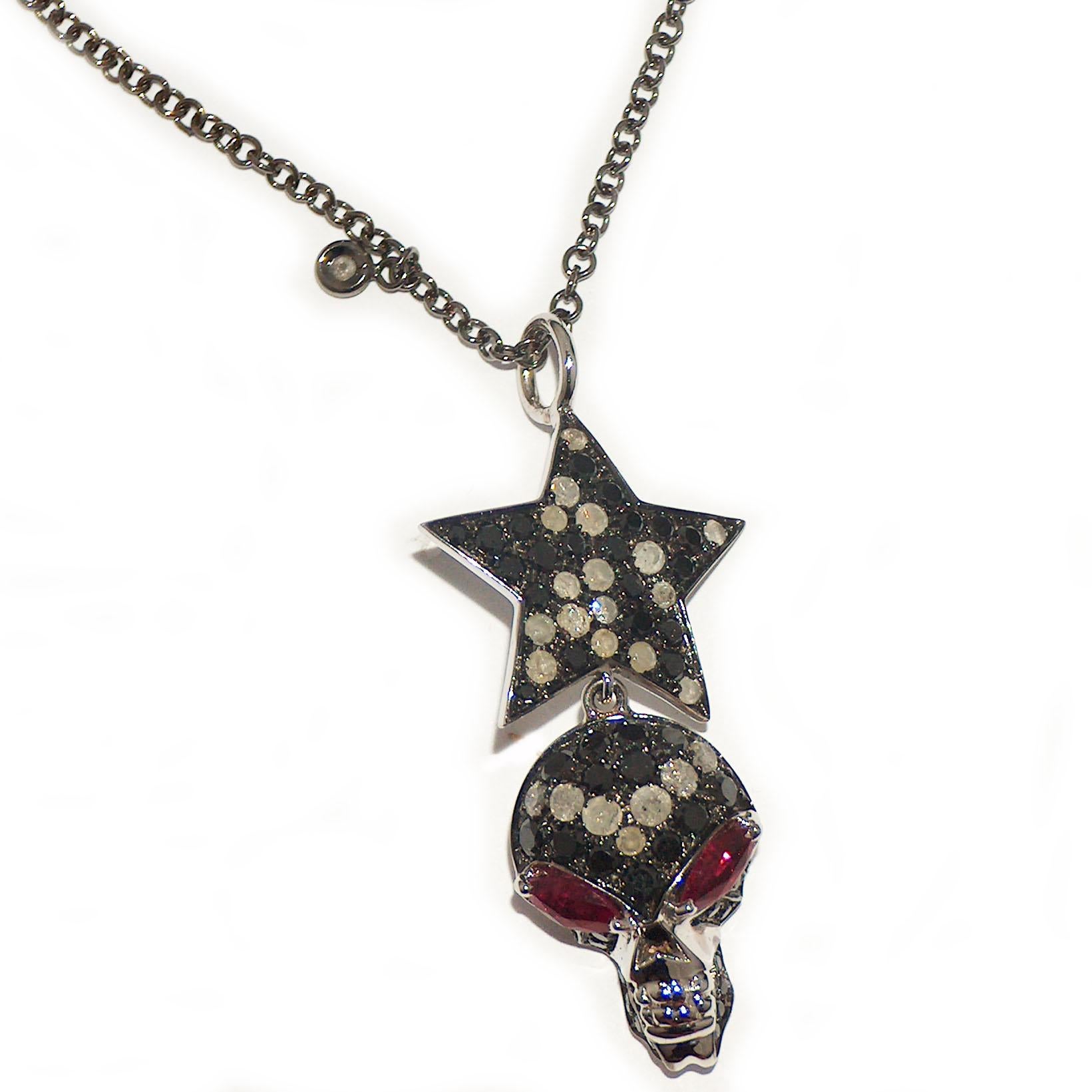 Round Cut Paolo Piovan Star-Skull Rubies and Diamonds Pendant in white gold For Sale