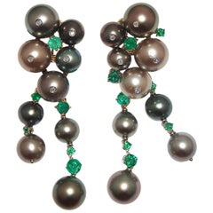 Paolo Piovan Tahitian Pearls, Emeralds and Diamonds Earrings in yellow gold