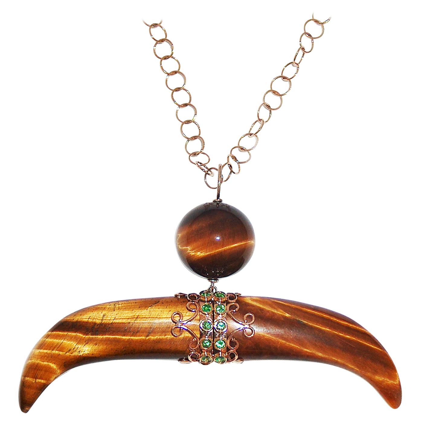 Paolo Piovan Tsavorite and Tiger Eye Horn 18 Karat Rose Gold Necklace For Sale