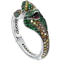 Paolo Piovan Tsavorite, Ruby and Diamond "Cobra" Bangle in 18 Karat White Gold