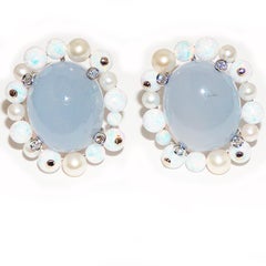 Paolo Piovan White Diamonds, Opals, Pearls, Chalcedony 18 Karat Gold Earrings