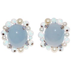 Paolo Piovan White Diamonds, Opals, Pearls, Chalcedony 18 Karat Gold Earrings