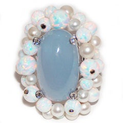 Paolo Piovan White Diamonds, Opals, Pearls, Chalcedony 18 Karat Gold Ring