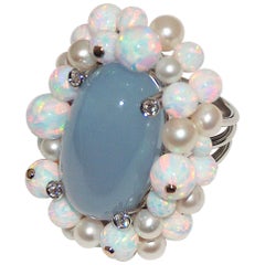 Paolo Piovan White Diamonds, Opals, Pearls, Chalcedony 18 Karat Gold Ring