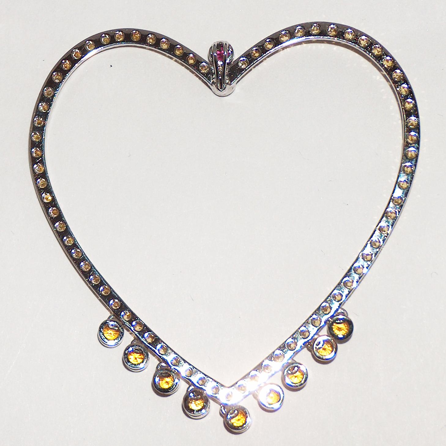 Women's Paolo Piovan Yellow Sapphires and Rubies 18 Karat White Gold Heart Necklace For Sale