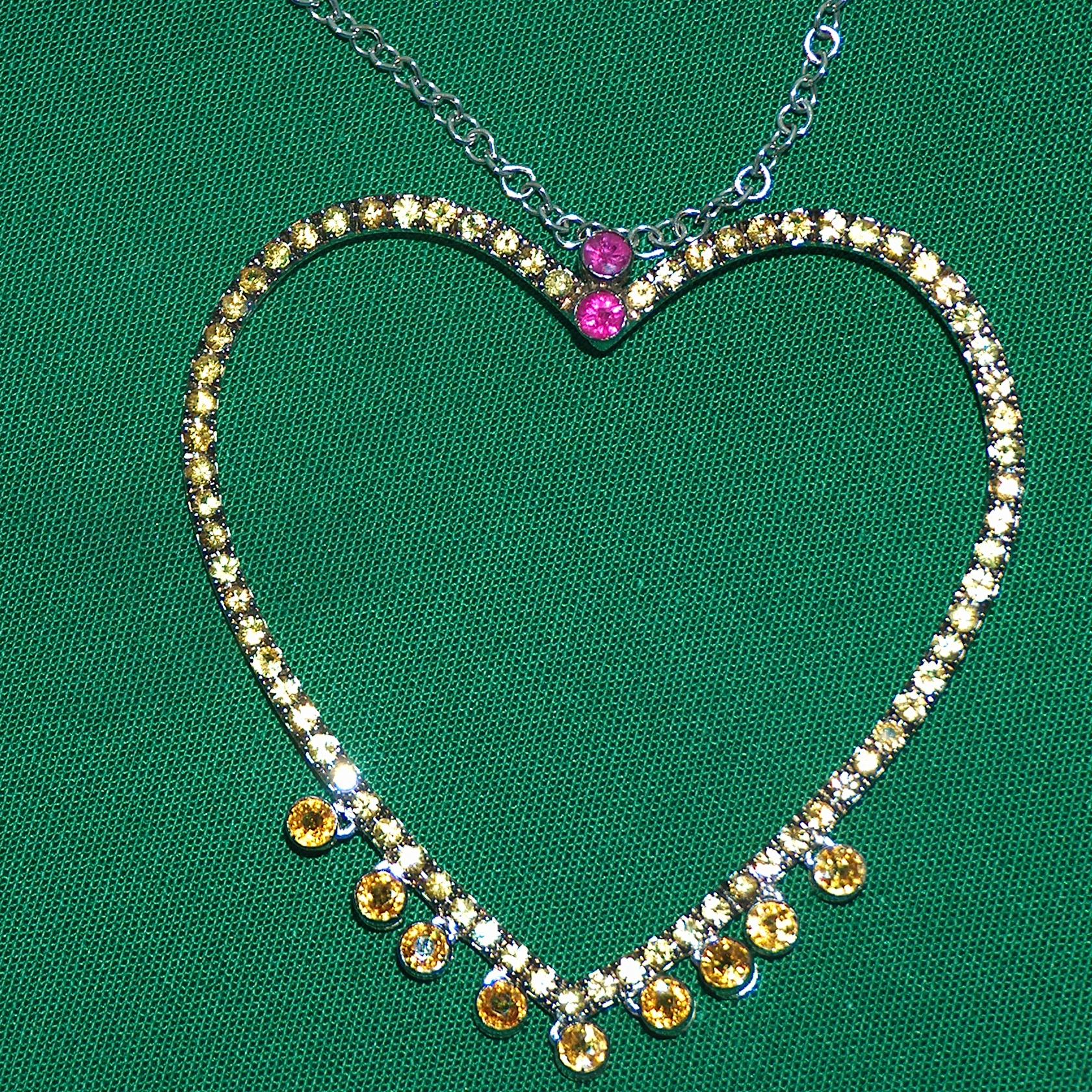 Paolo Piovan Yellow Sapphires and Rubies 18 Karat White Gold Heart Necklace For Sale 1