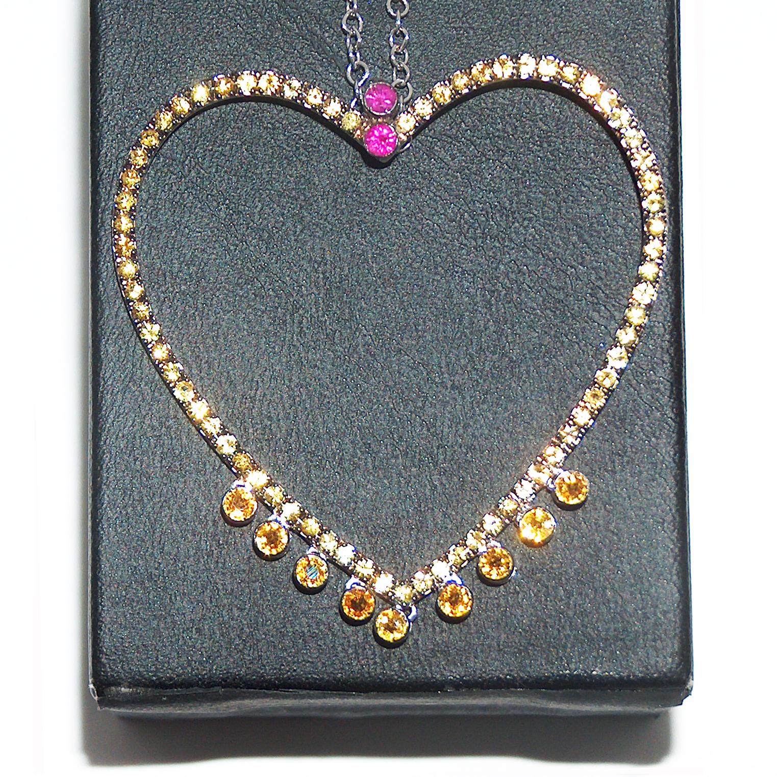 Paolo Piovan Yellow Sapphires and Rubies 18 Karat White Gold Heart Necklace For Sale 2