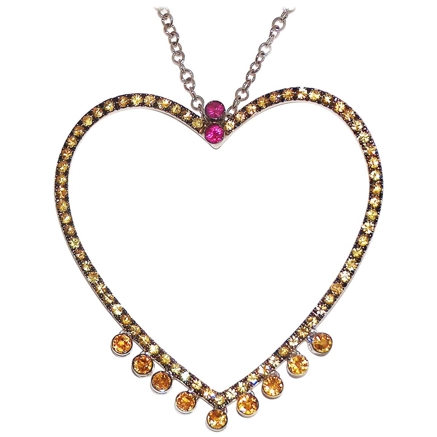 Paolo Piovan Yellow Sapphires and Rubies 18 Karat White Gold Heart Necklace For Sale
