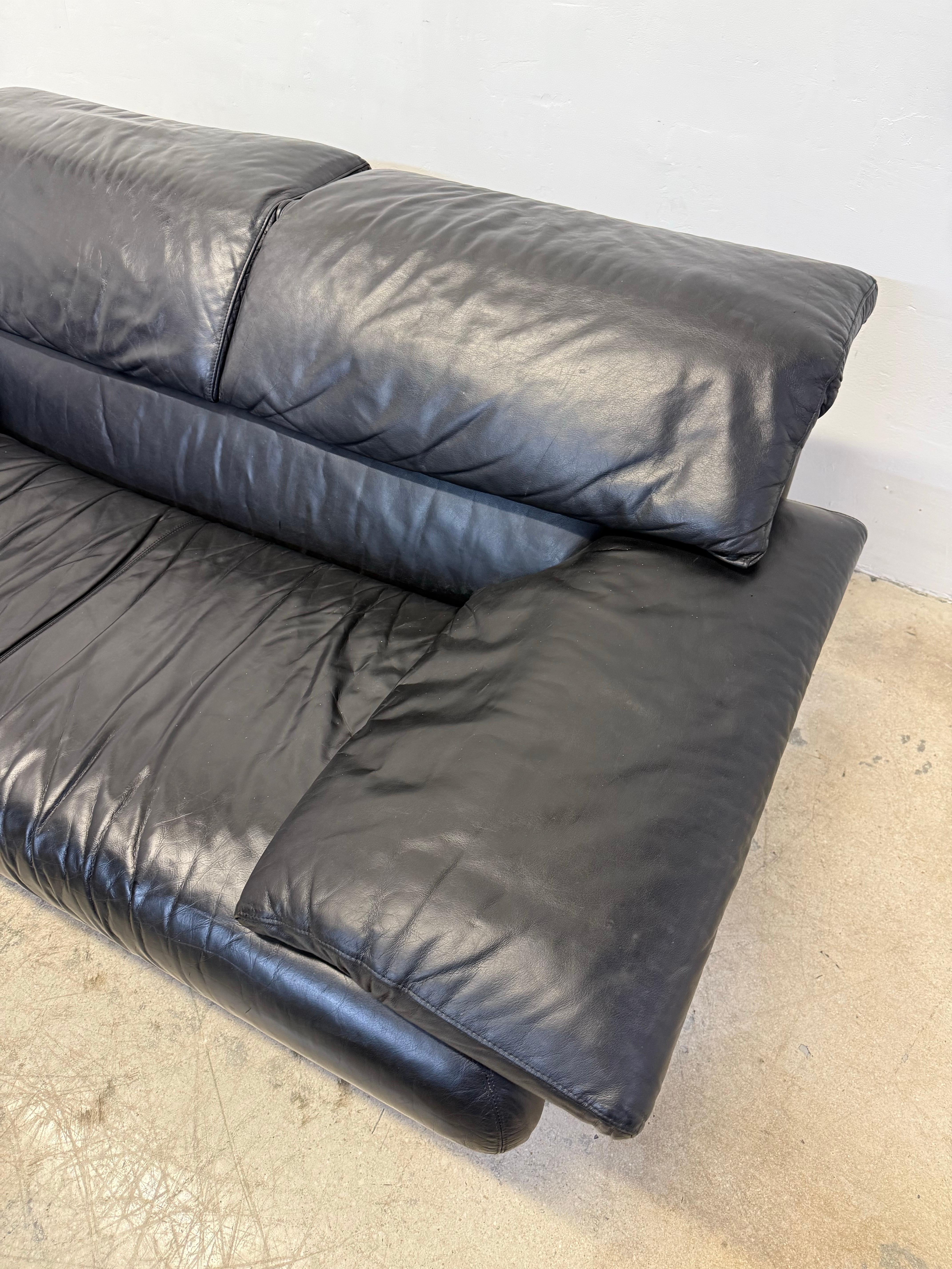 Steel Paolo Piva “Alanda” Adjustable Black Leather Loveseat Sofa for B&b Italia, 1980s