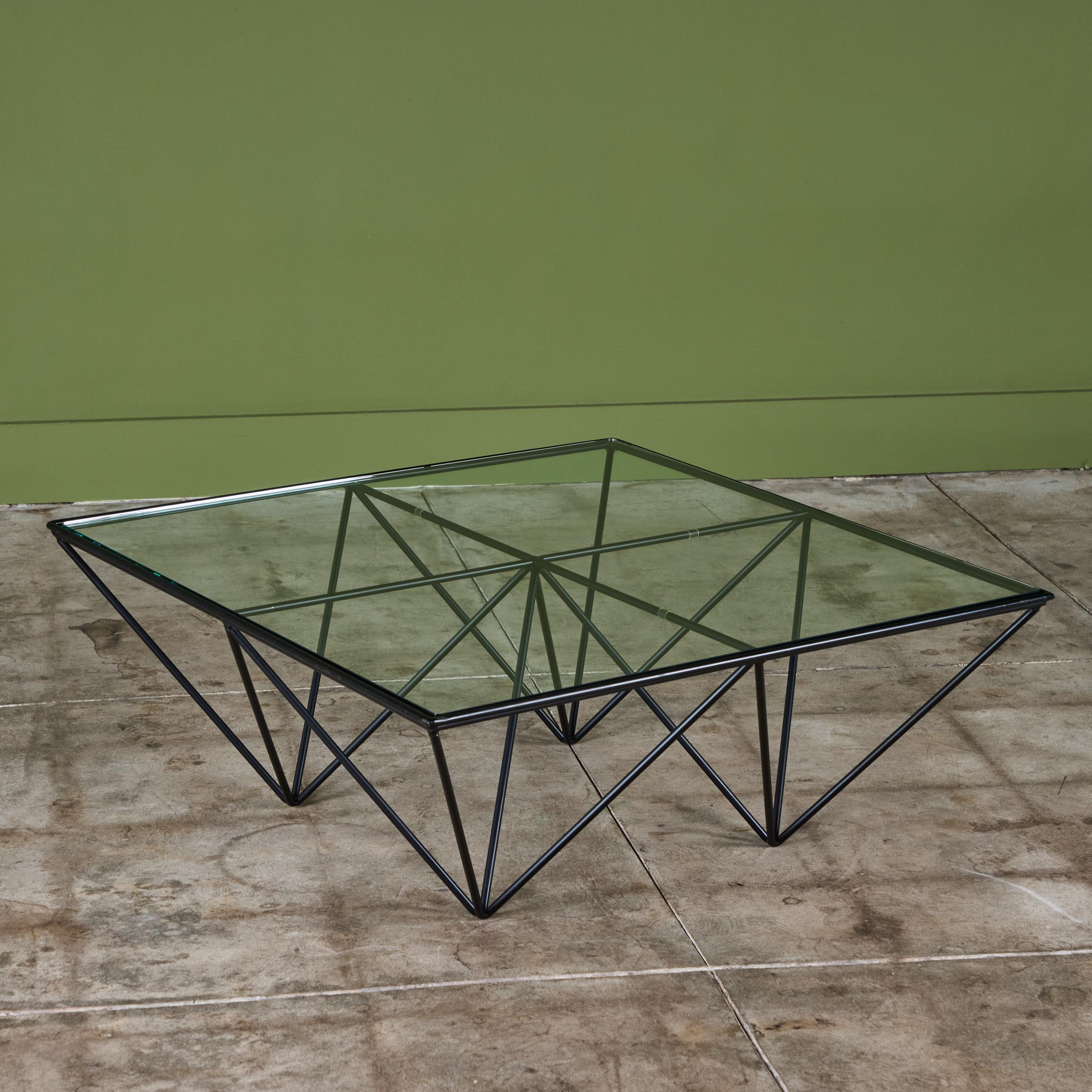 Paolo Piva Alanda Square Glass Coffee Table for B&B Italia, c.1980s, Italy is a minimalist design comprised of a glass table top and black enameled steel frame.

Dimensions 
34.75