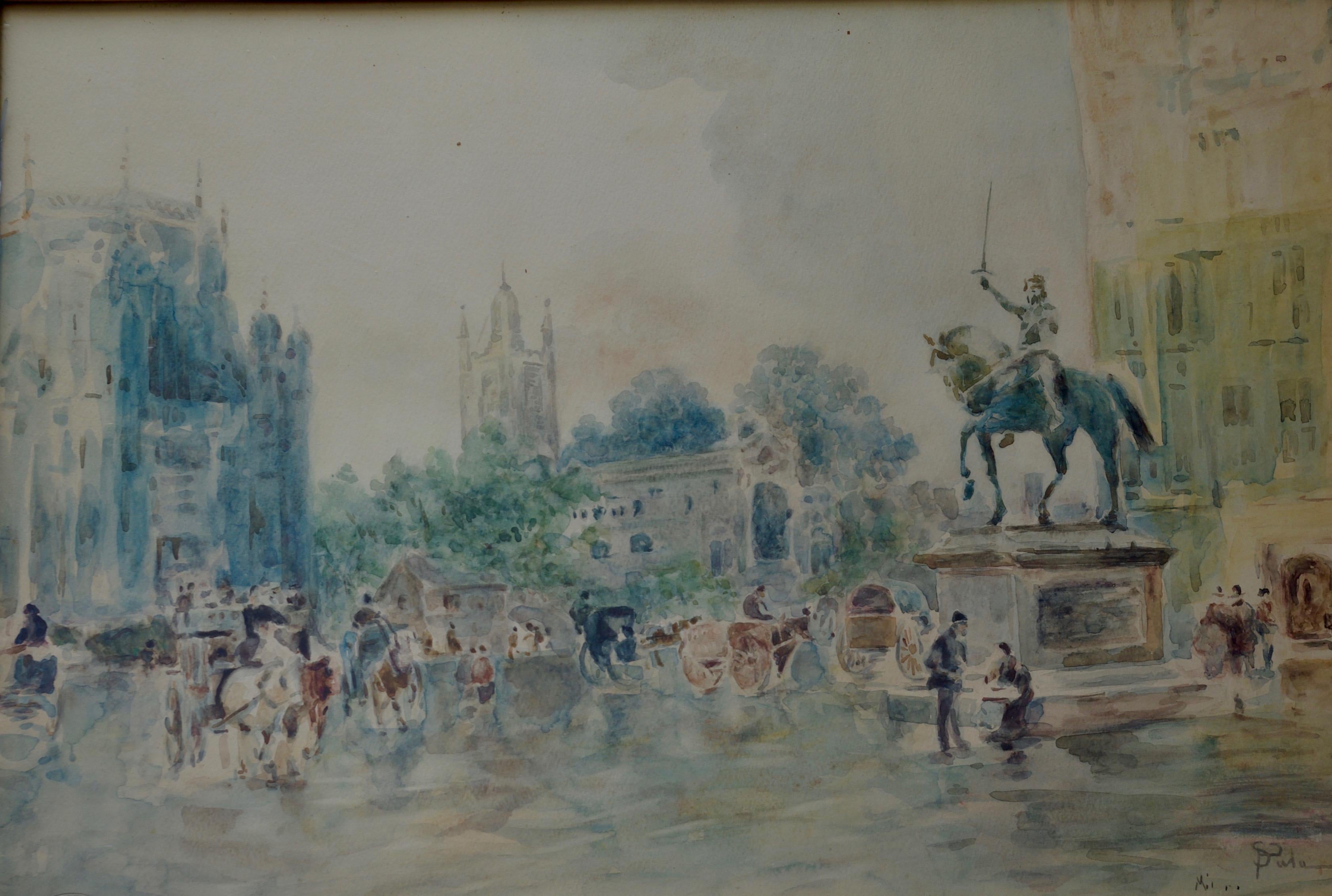 Paolo Sala (1859-1924) Parliament Square in London. Signiertes Aquarell auf Papier

Paolo Sala war ein italienischer Maler aus der Lombardei, der sich auf Stadtansichten und Genreszenen spezialisiert hatte. Er malte oft dal vero, das heißt, en plein