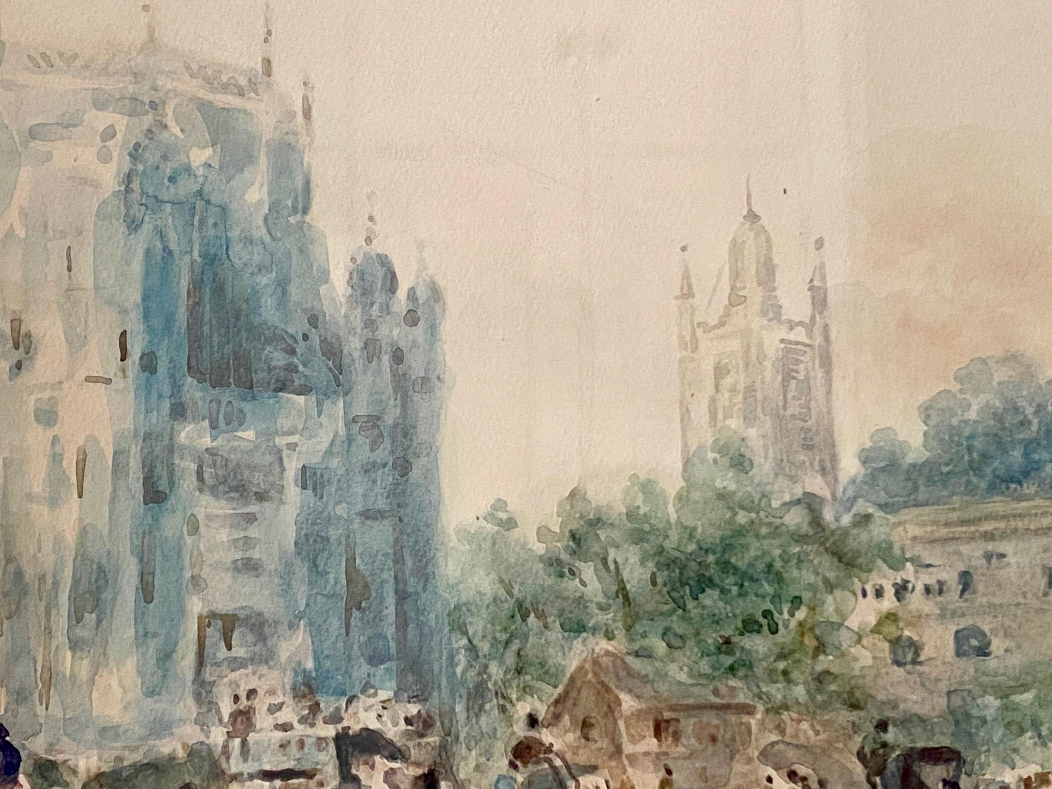 19th Century Paolo Sala, Parliament Square in London, Signed Watercolor on Paper For Sale