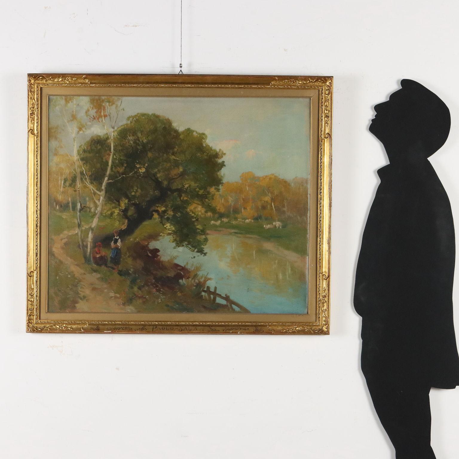 Paisaje con figuras y ovejas Siglo XIX - Painting de Paolo Sala