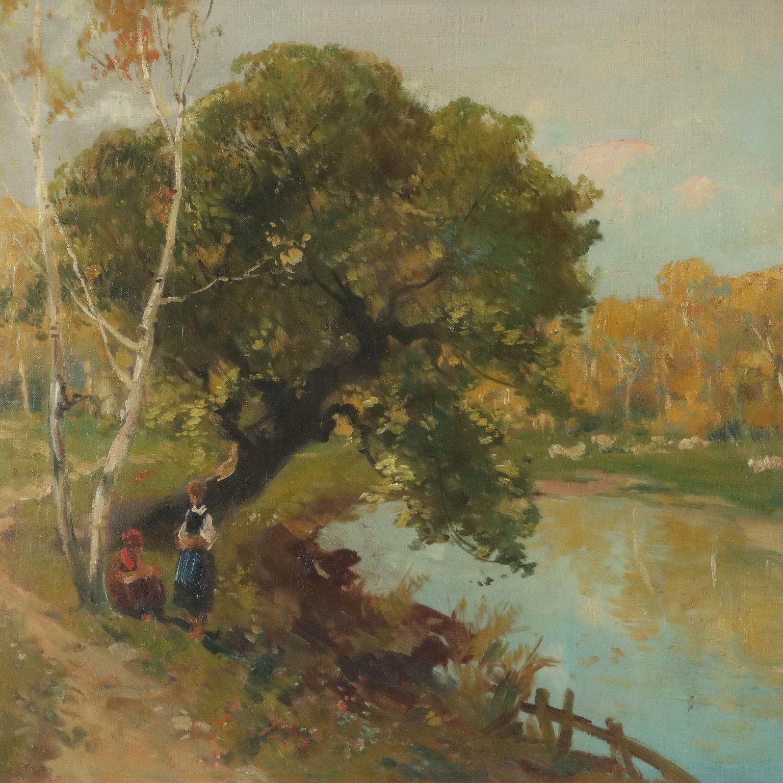 Paisaje con figuras y ovejas Siglo XIX - Painting Otro estilo de arte de Paolo Sala