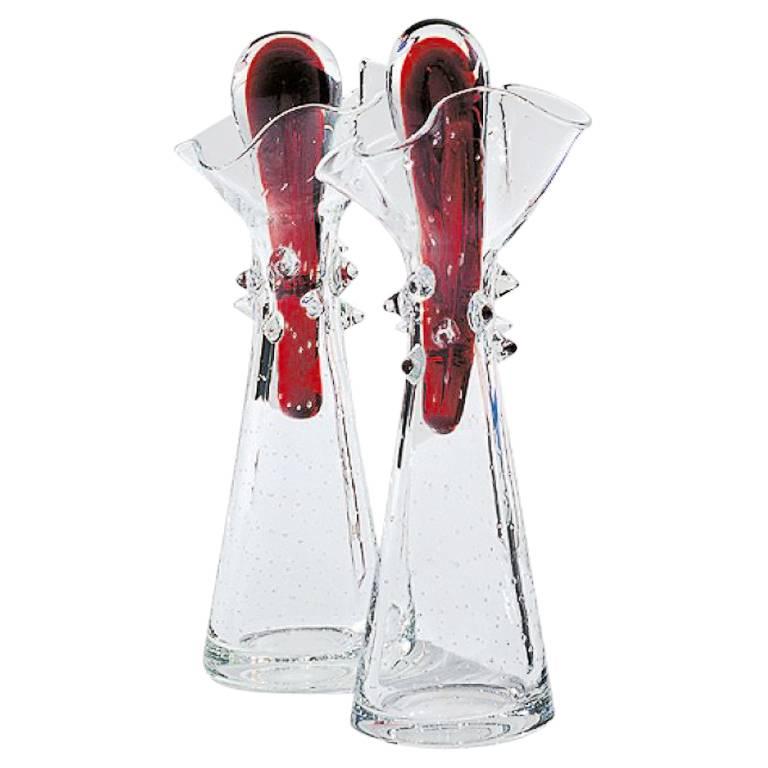 Paolo Set of Two Glass Cruets with Red Glass Top by Borek Sipek for Driade