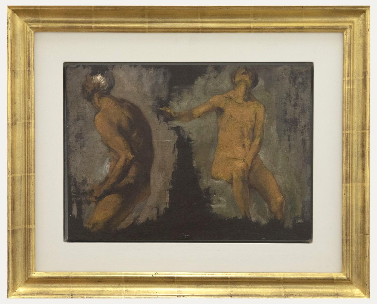 An expressive life study of two nude figures experiencing a moment of shared pain and emotion. The artist's restricted palette has been compensated by energetic brushwork. Signed 'Smali to the lower edge. Presented in a contemporary gilt frame with
