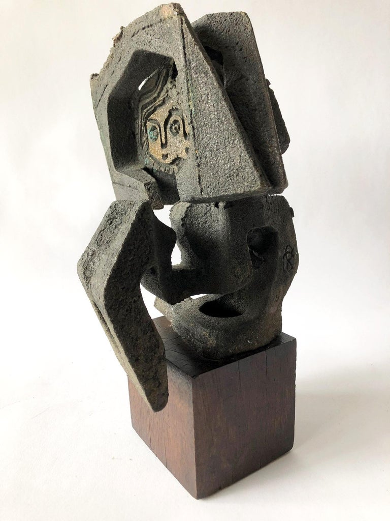 Paolo Soleri Abstract Figural Bronze on Wood Base 