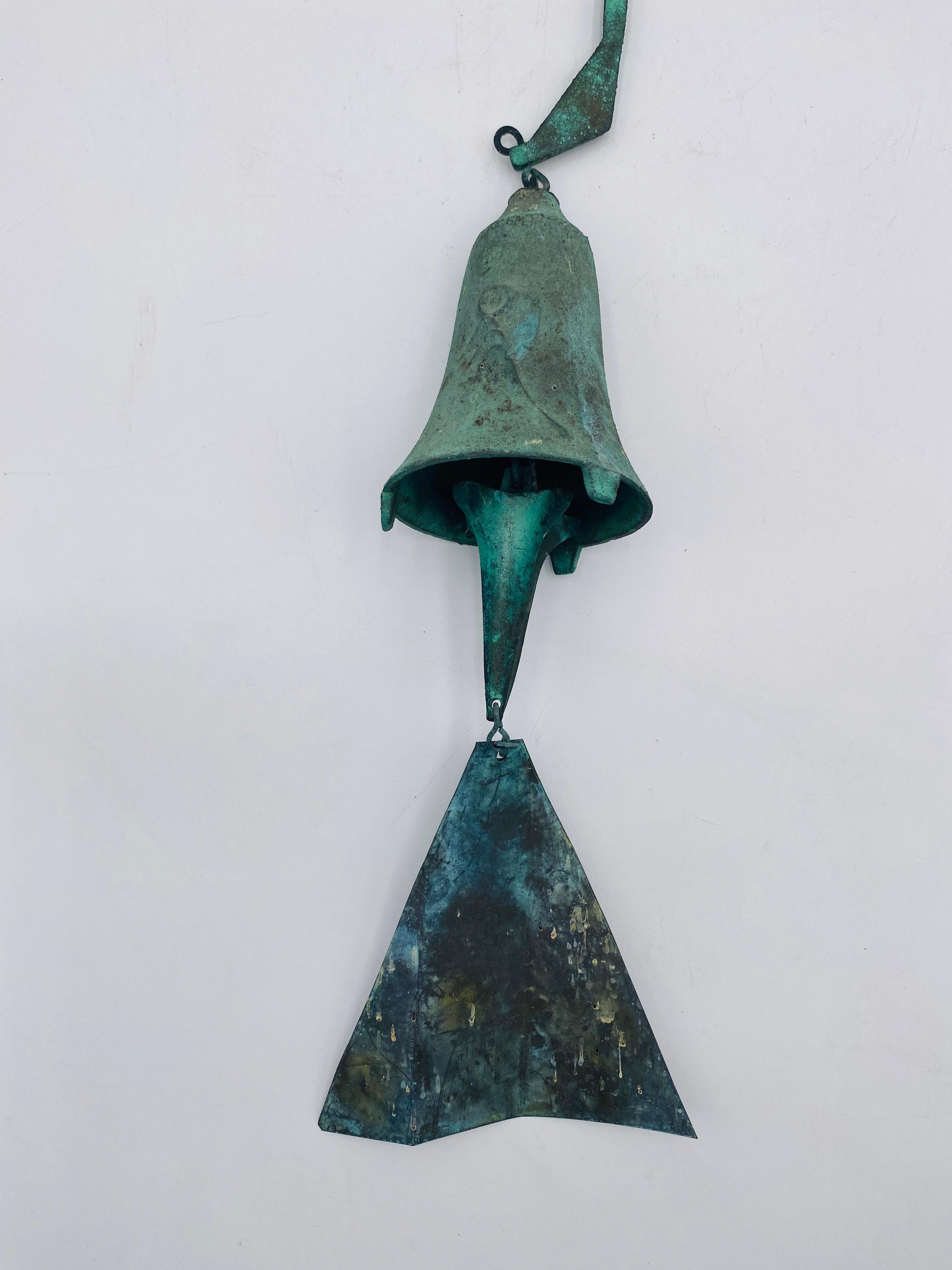 Circa 1970 Cast Bronze Bell by Paolo Soleri. The bell has a great patina and a beautiful sound. The bell has the Cosanti cypher. Comes with original fin and a hanger so it is ready to install!