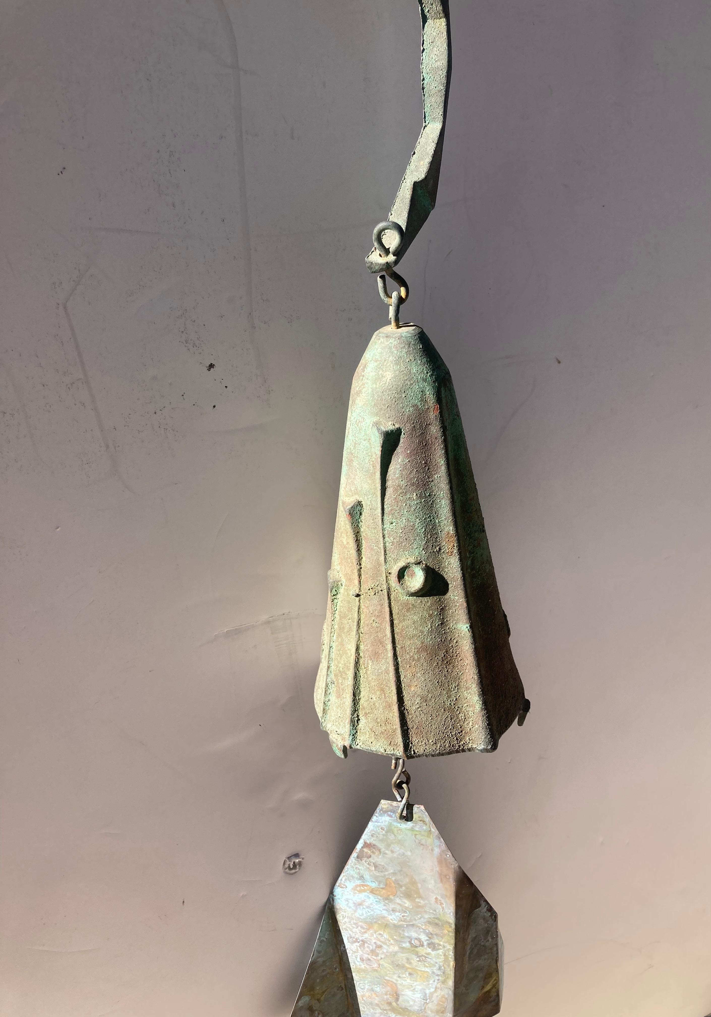 Beautiful verdigris patina , in this Arcosanti modern , vintage marked wind chime .