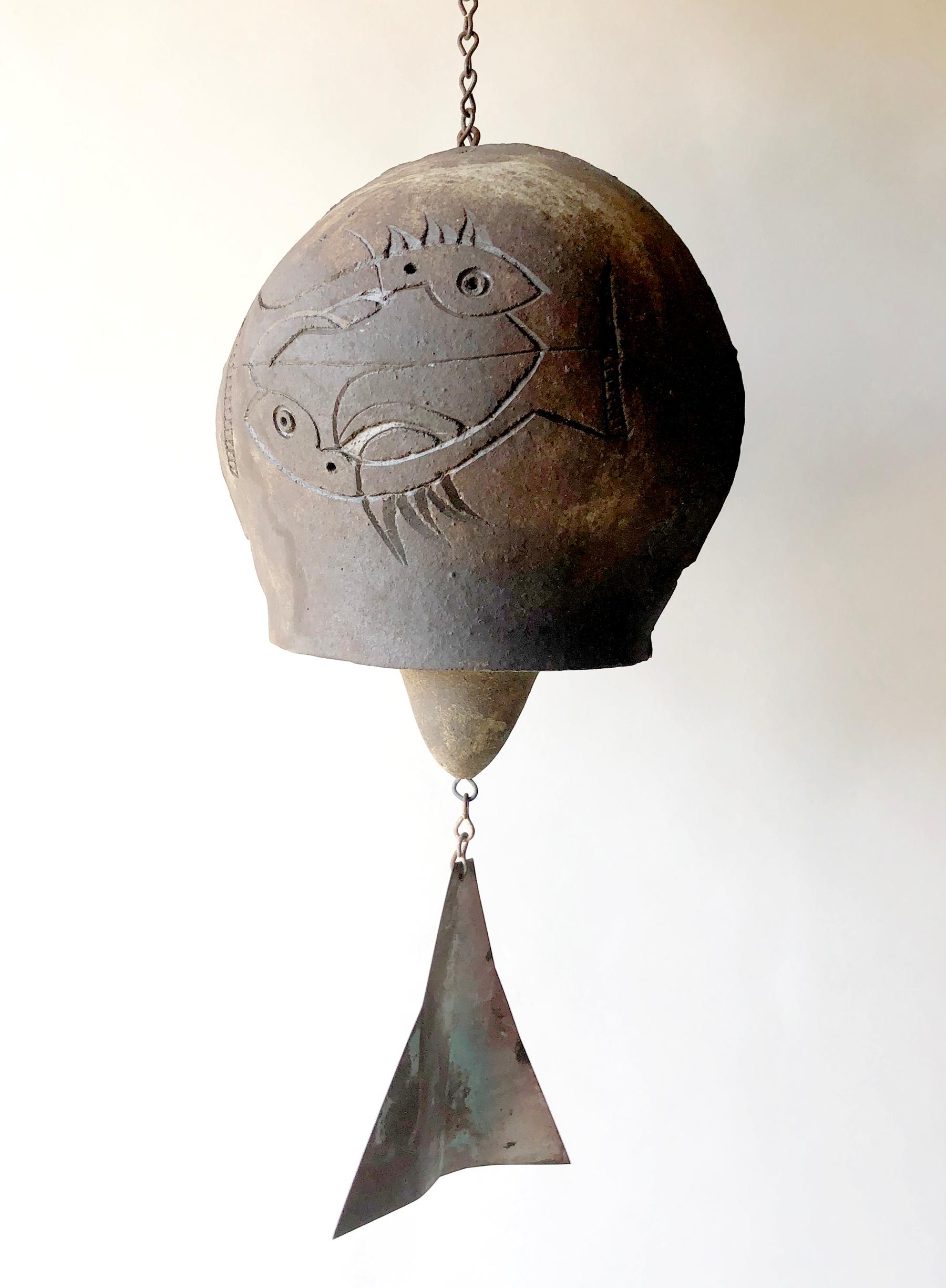 Ceramic wind chime bell with abstract decoration by Paolo Soleri of Arizona. Bell measures 9
