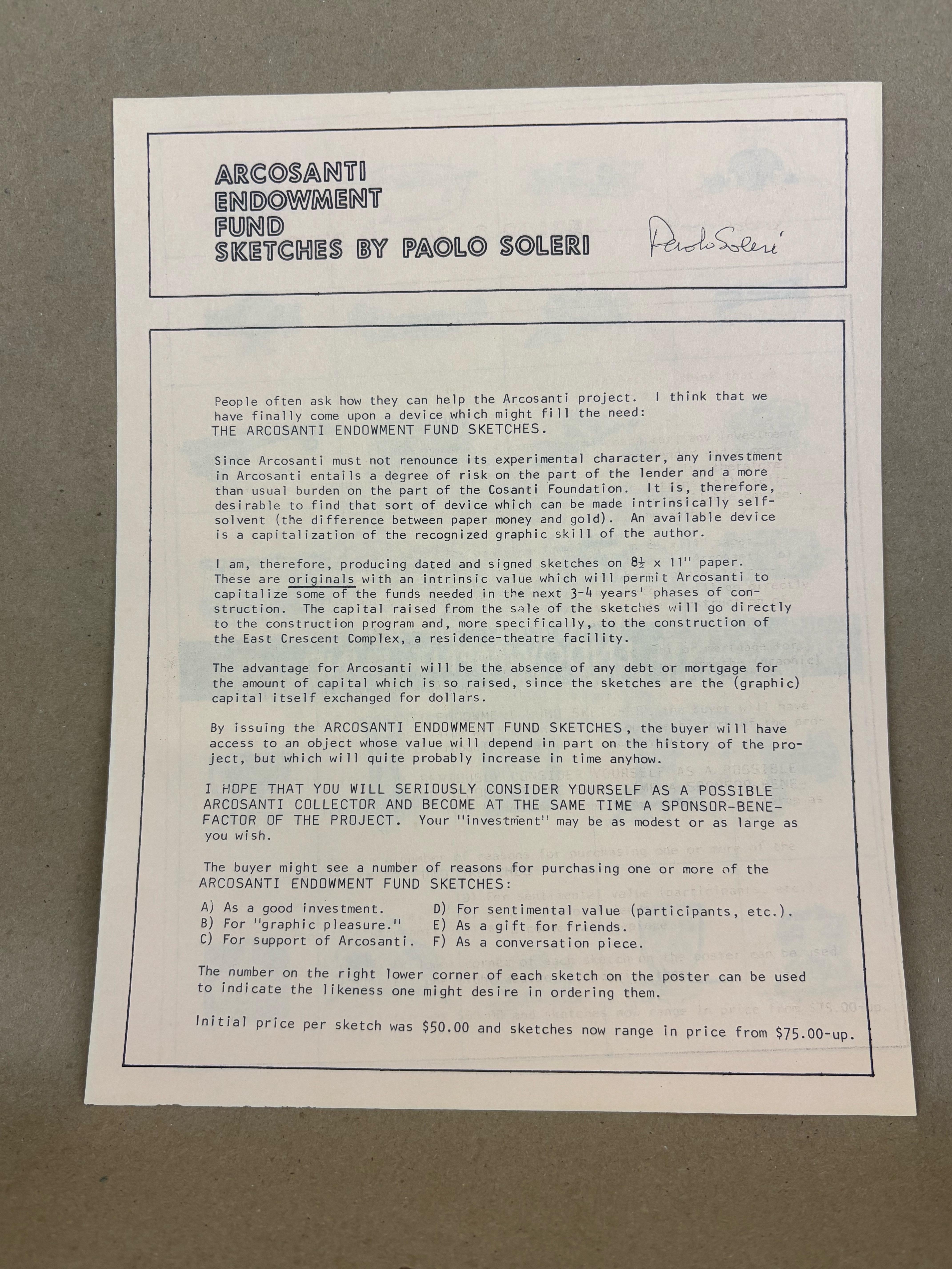 Disegno di Paolo Soleri realizzato originariamente alla fine degli anni '70  per raccogliere fondi  per un Fondo di Dotazione Arcosanti.  Iniziata per raccogliere fondi per un progetto di costruzione.  Le stampe sono ancora disponibili, ma i disegni