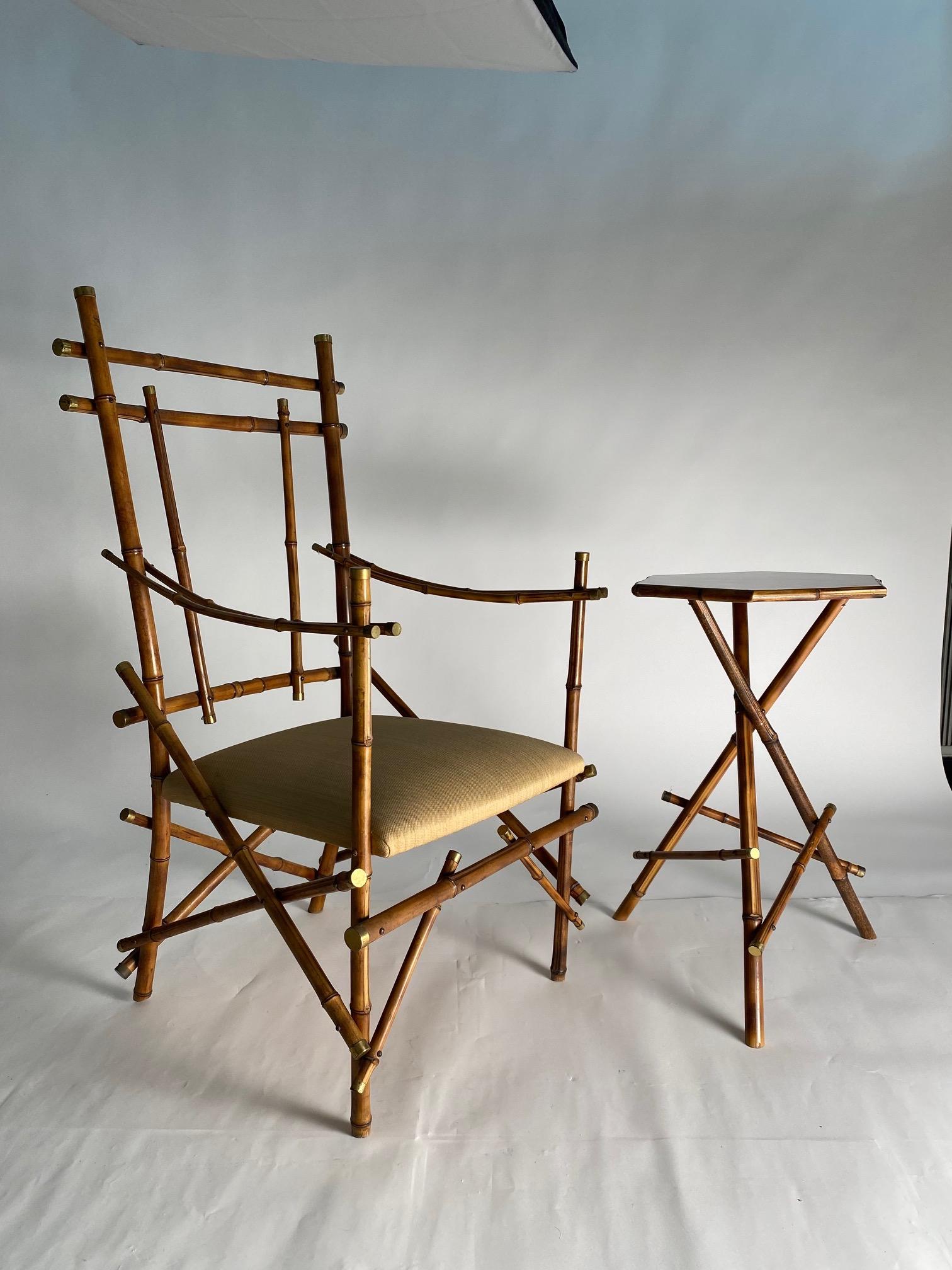 Rare and very refined pair of armchairs and coffee table made of bamboo and brass, Italy, 1970s.

Vivai Del sud production