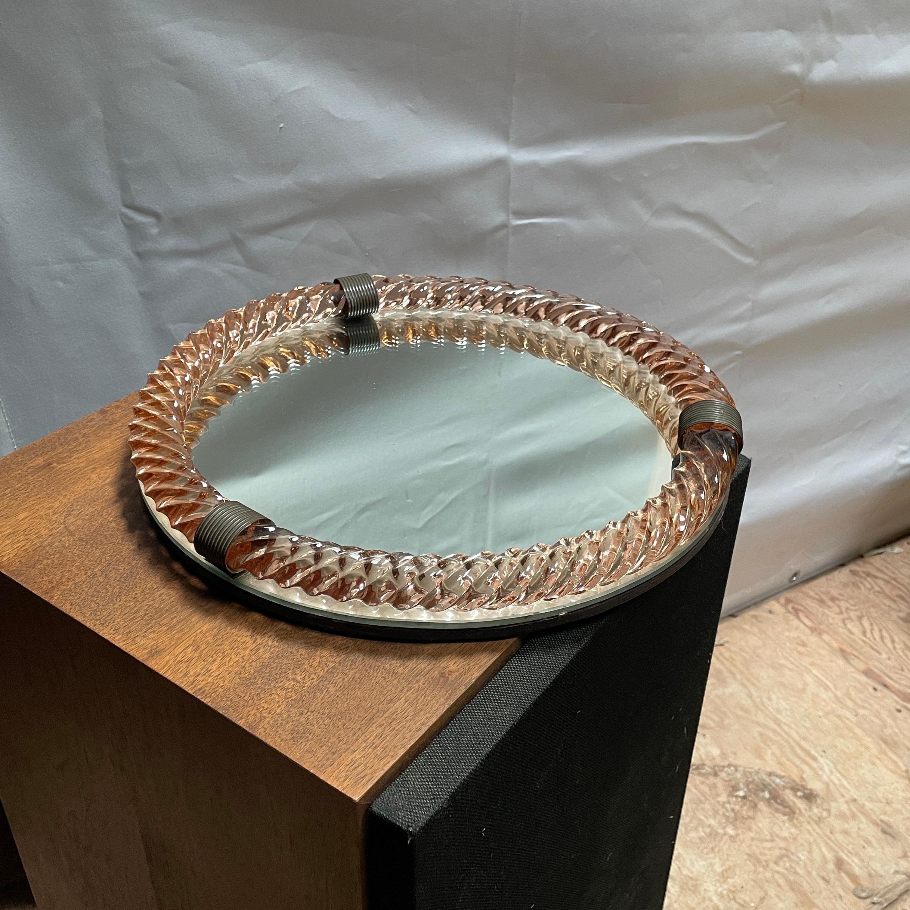 Paolo Venini (Attrd.) Peach Twisted Rope Lanyard Glass Table Tray, Wall Mirror For Sale 4