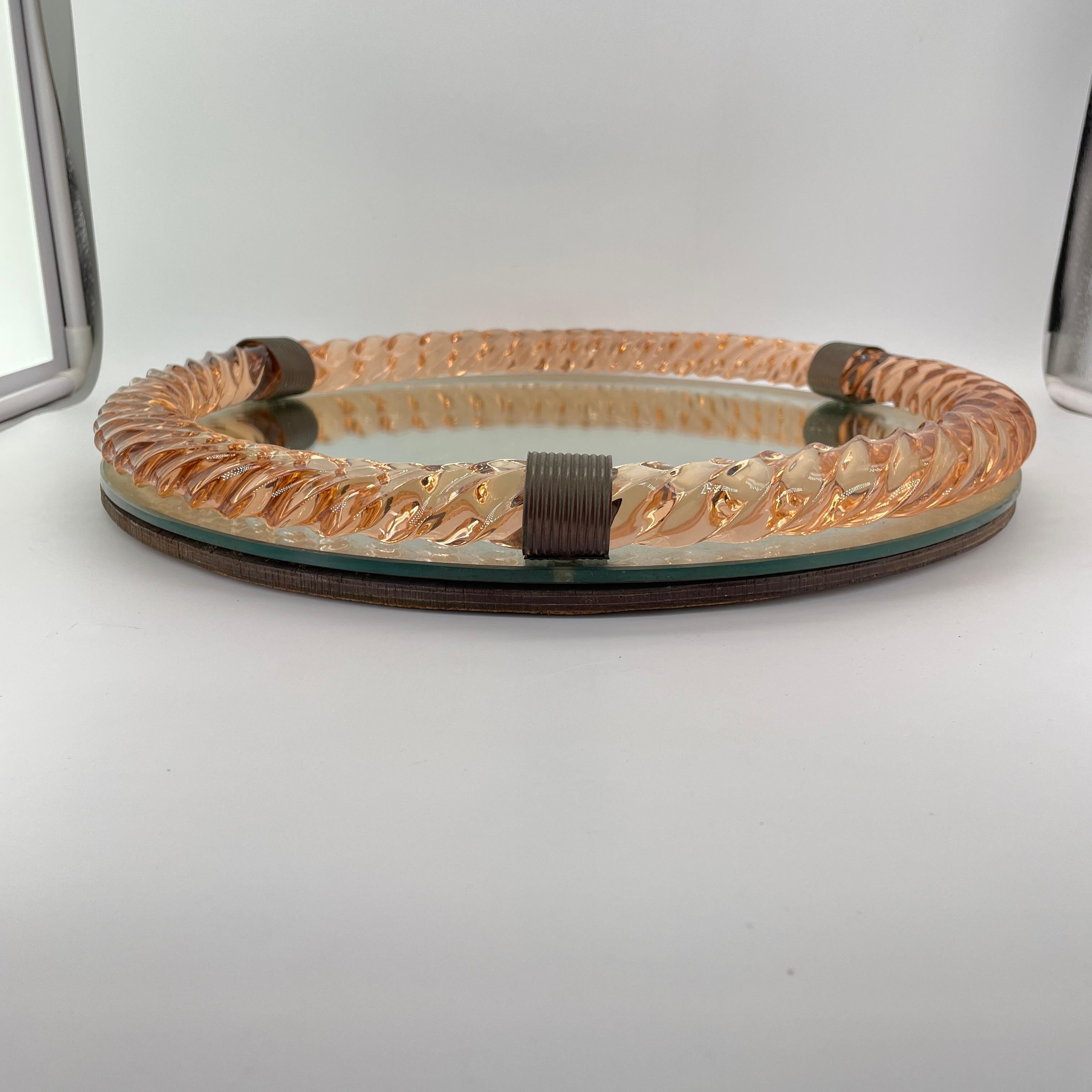 Mid-Century Modern Paolo Venini (Attrd.) Peach Twisted Rope Lanyard Glass Table Tray, Wall Mirror For Sale
