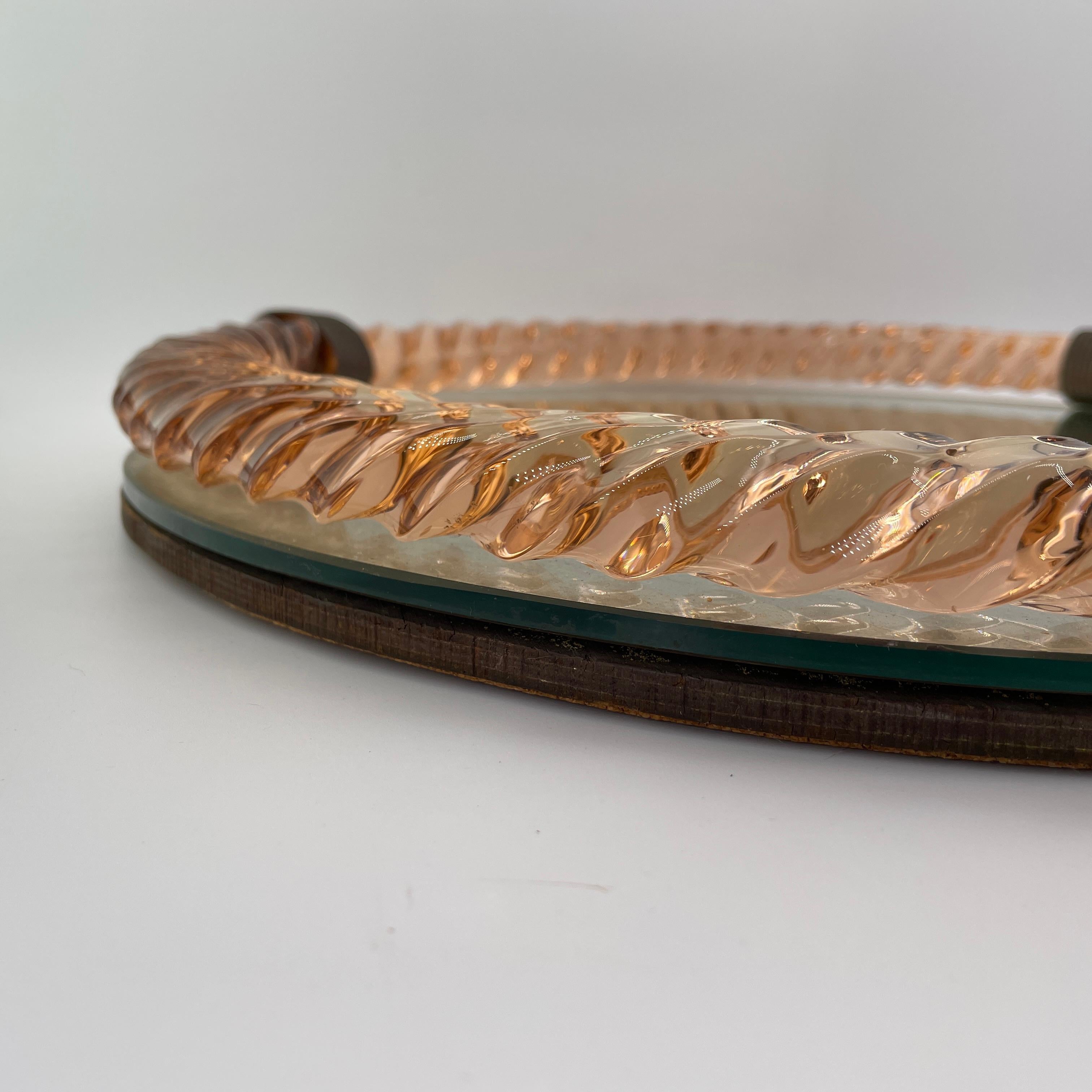 Italian Paolo Venini (Attrd.) Peach Twisted Rope Lanyard Glass Table Tray, Wall Mirror For Sale