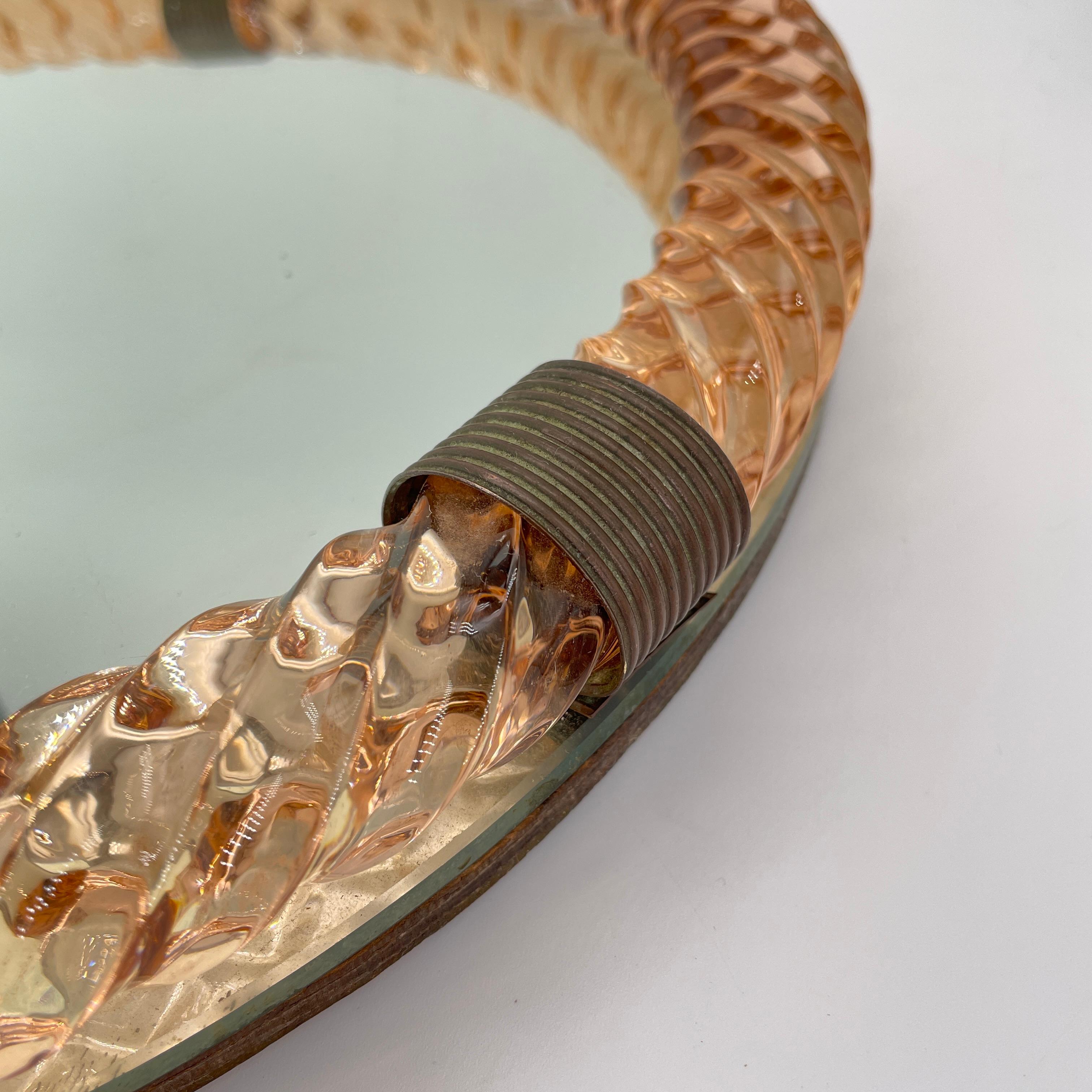 Hand-Crafted Paolo Venini (Attrd.) Peach Twisted Rope Lanyard Glass Table Tray, Wall Mirror For Sale