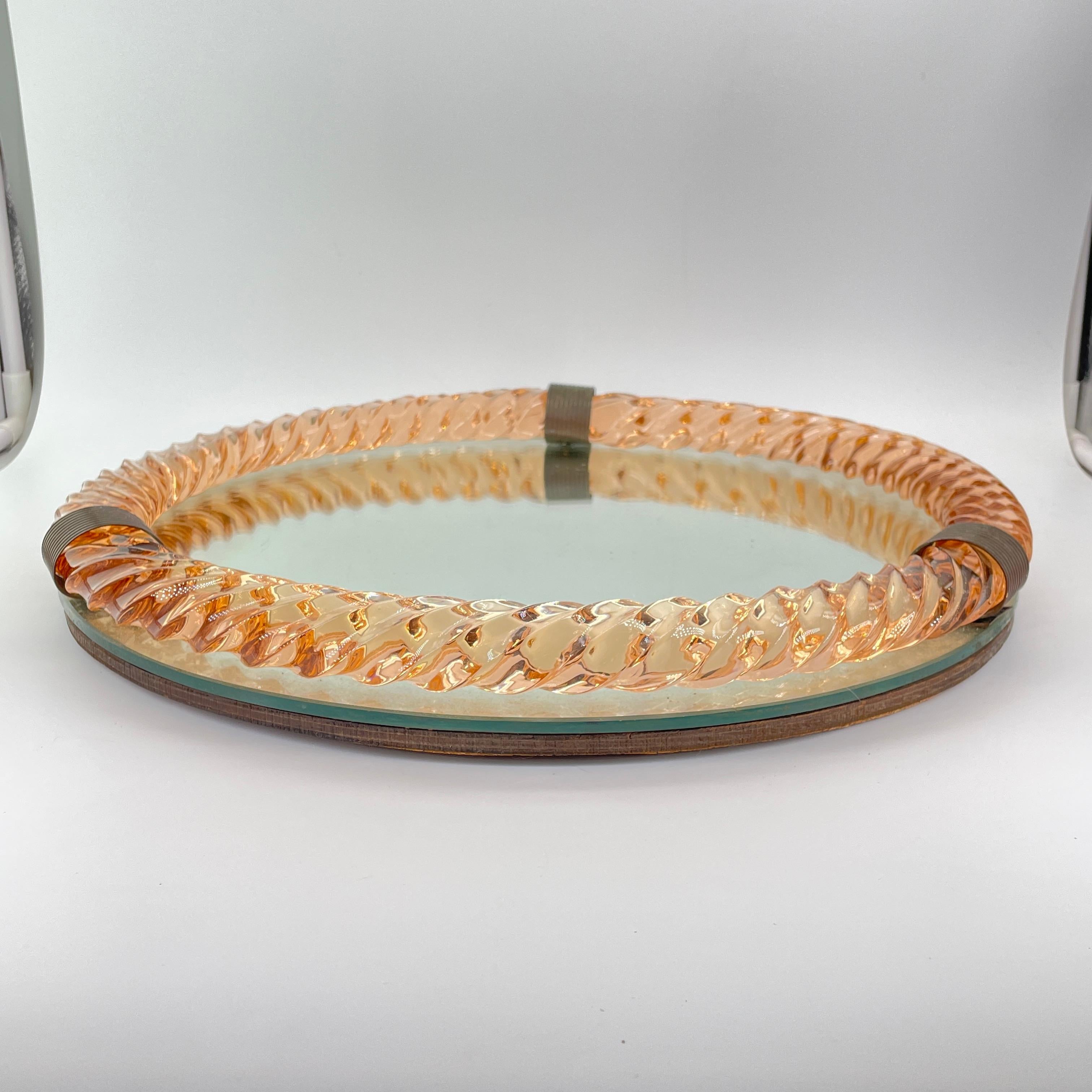 Paolo Venini (Attrd.) Peach Twisted Rope Lanyard Glass Table Tray, Wall Mirror In Fair Condition For Sale In Hyattsville, MD