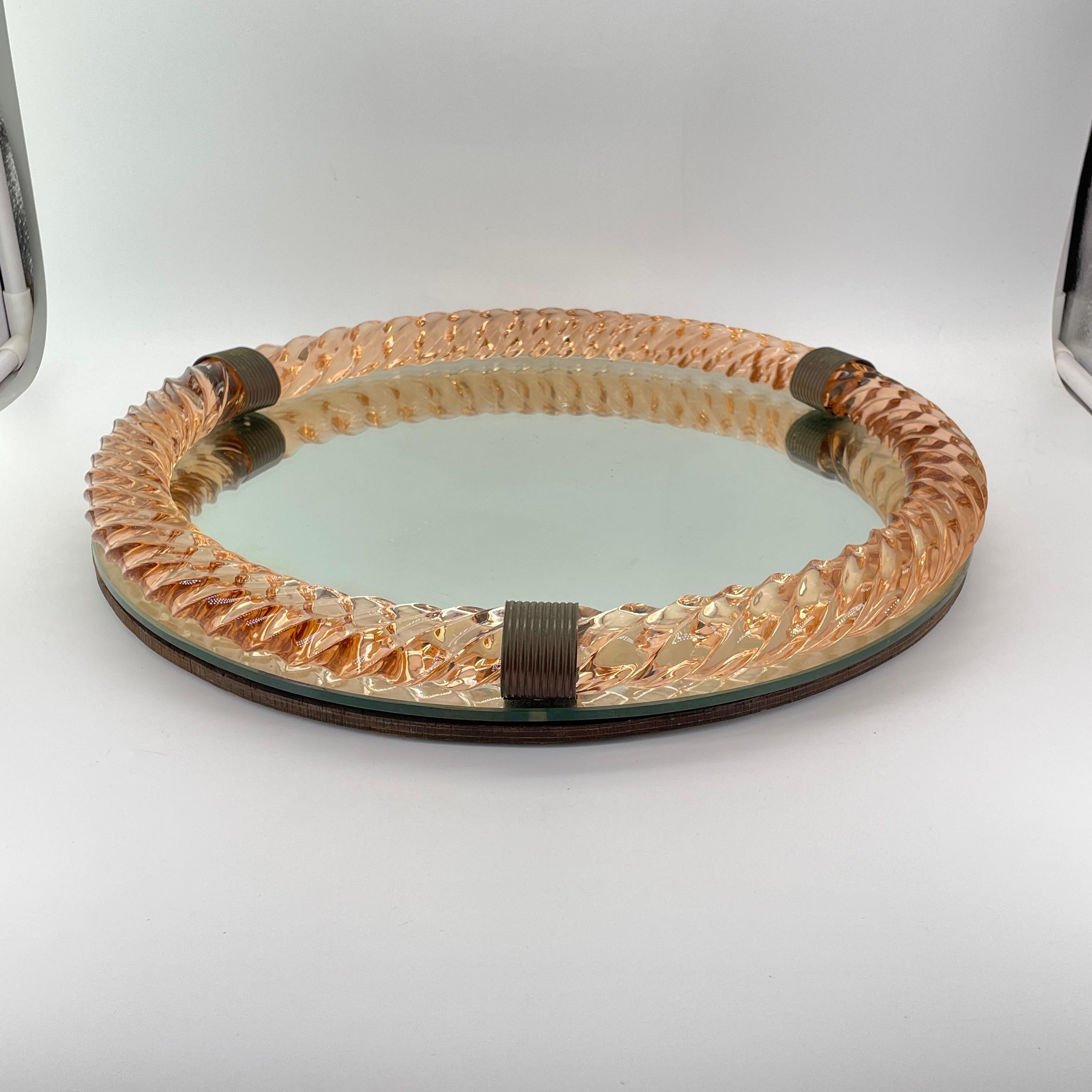 Mid-20th Century Paolo Venini (Attrd.) Peach Twisted Rope Lanyard Glass Table Tray, Wall Mirror For Sale