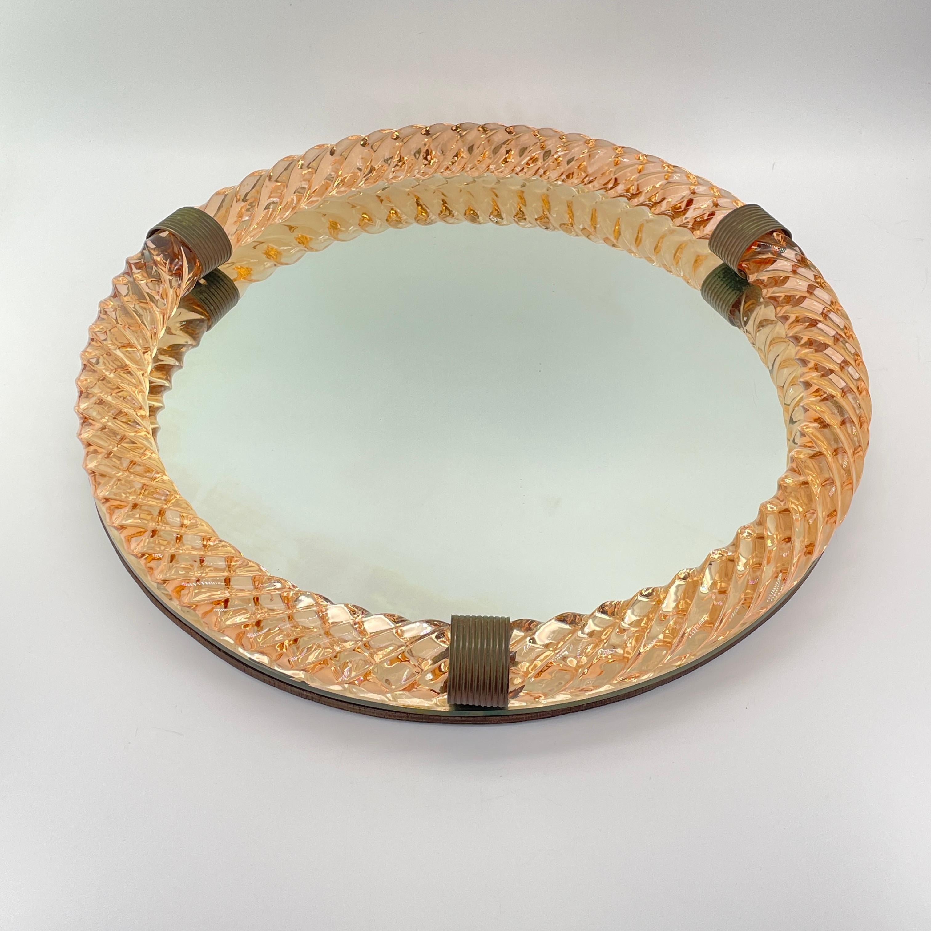 Paolo Venini (Attrd.) Peach Twisted Rope Lanyard Glass Table Tray, Wall Mirror For Sale 1