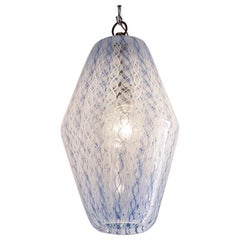 Paolo Venini Ceiling Light in White and Blue Blown Zanfirico Glass, Italy, 1950s