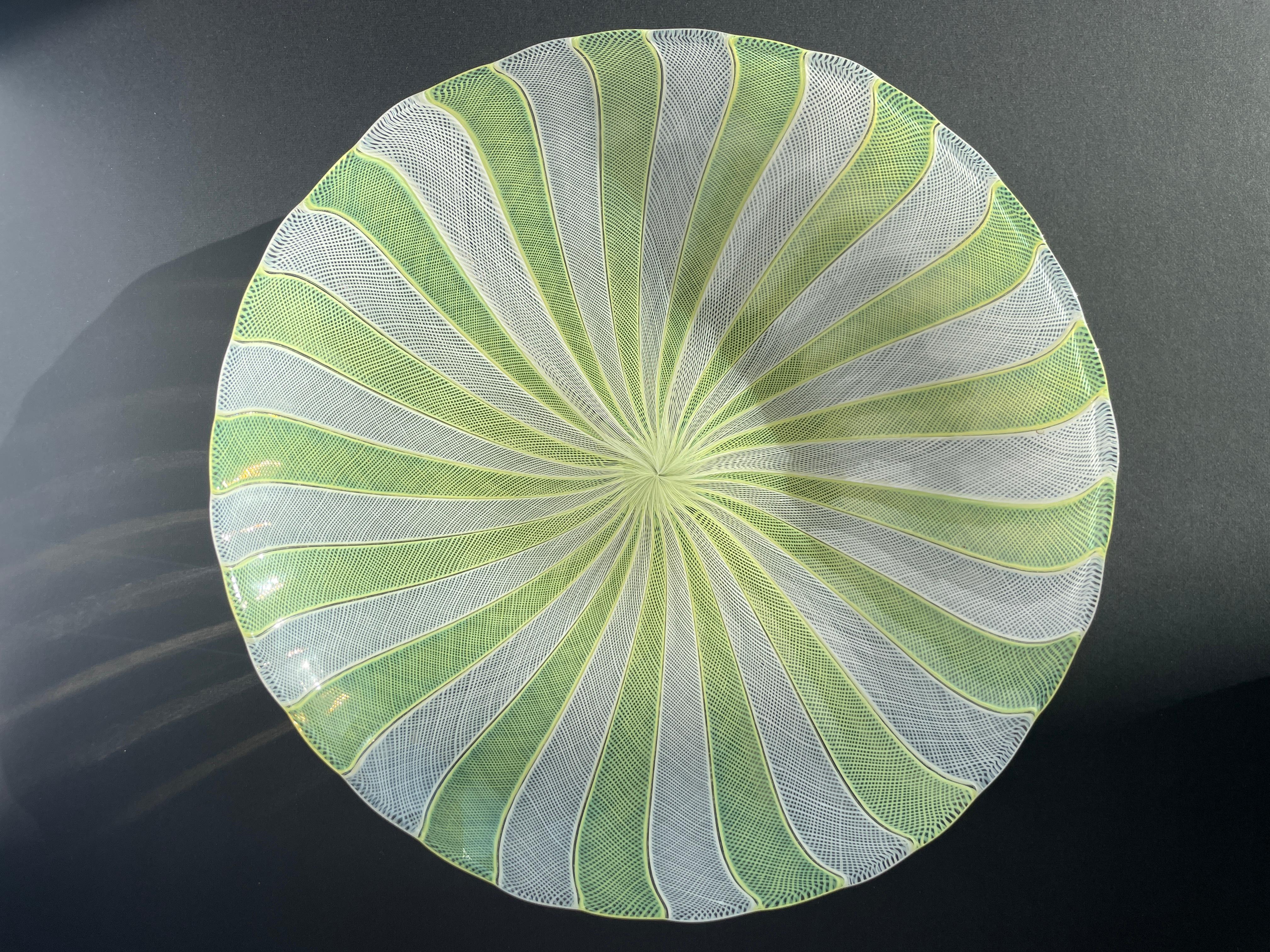 Mid-Century Modern Paolo Venini Latticino Zanfirico Glass Bowl Plate Yellow White Uranium Murano For Sale