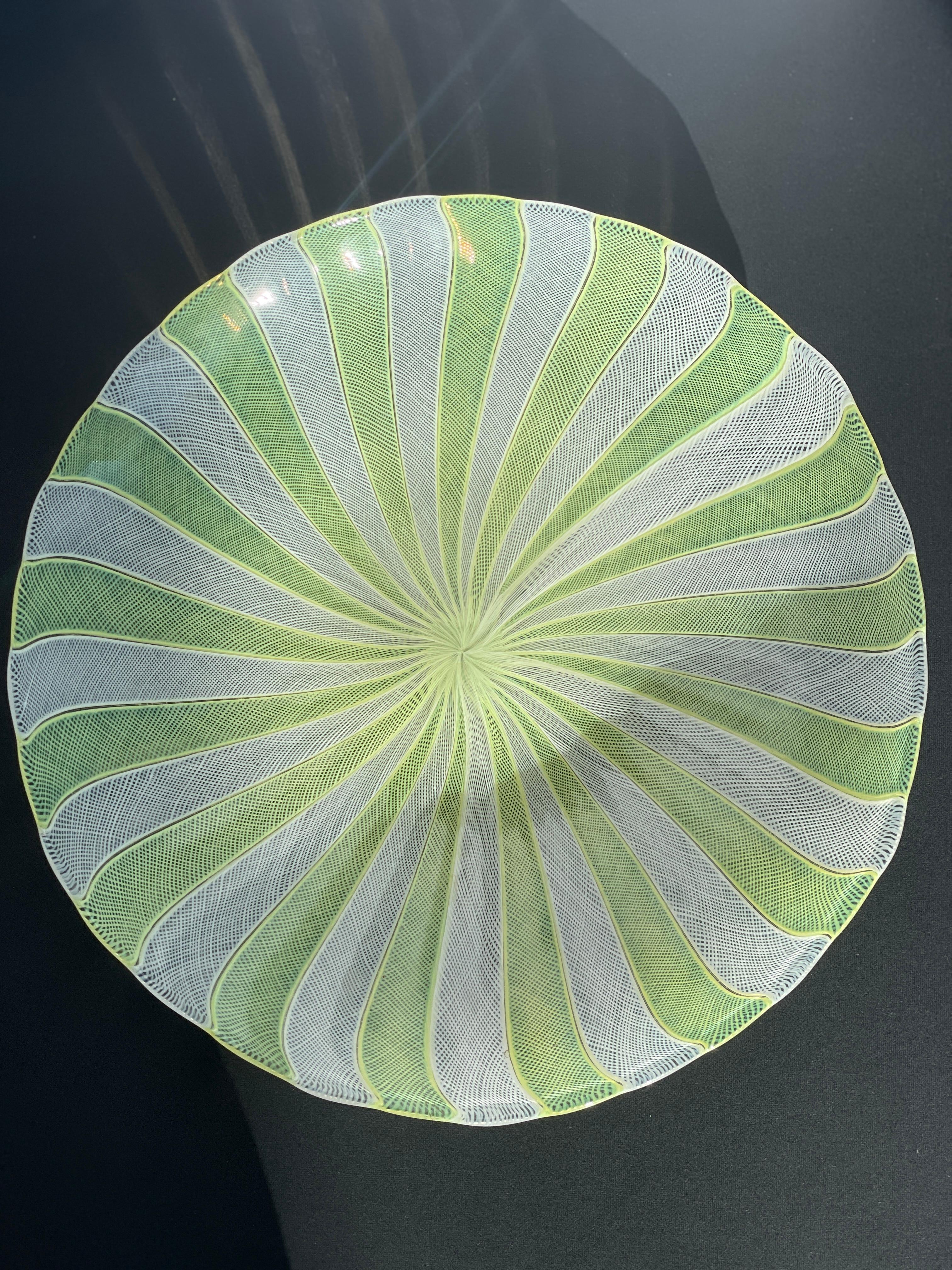 Italian Paolo Venini Latticino Zanfirico Glass Bowl Plate Yellow White Uranium Murano For Sale