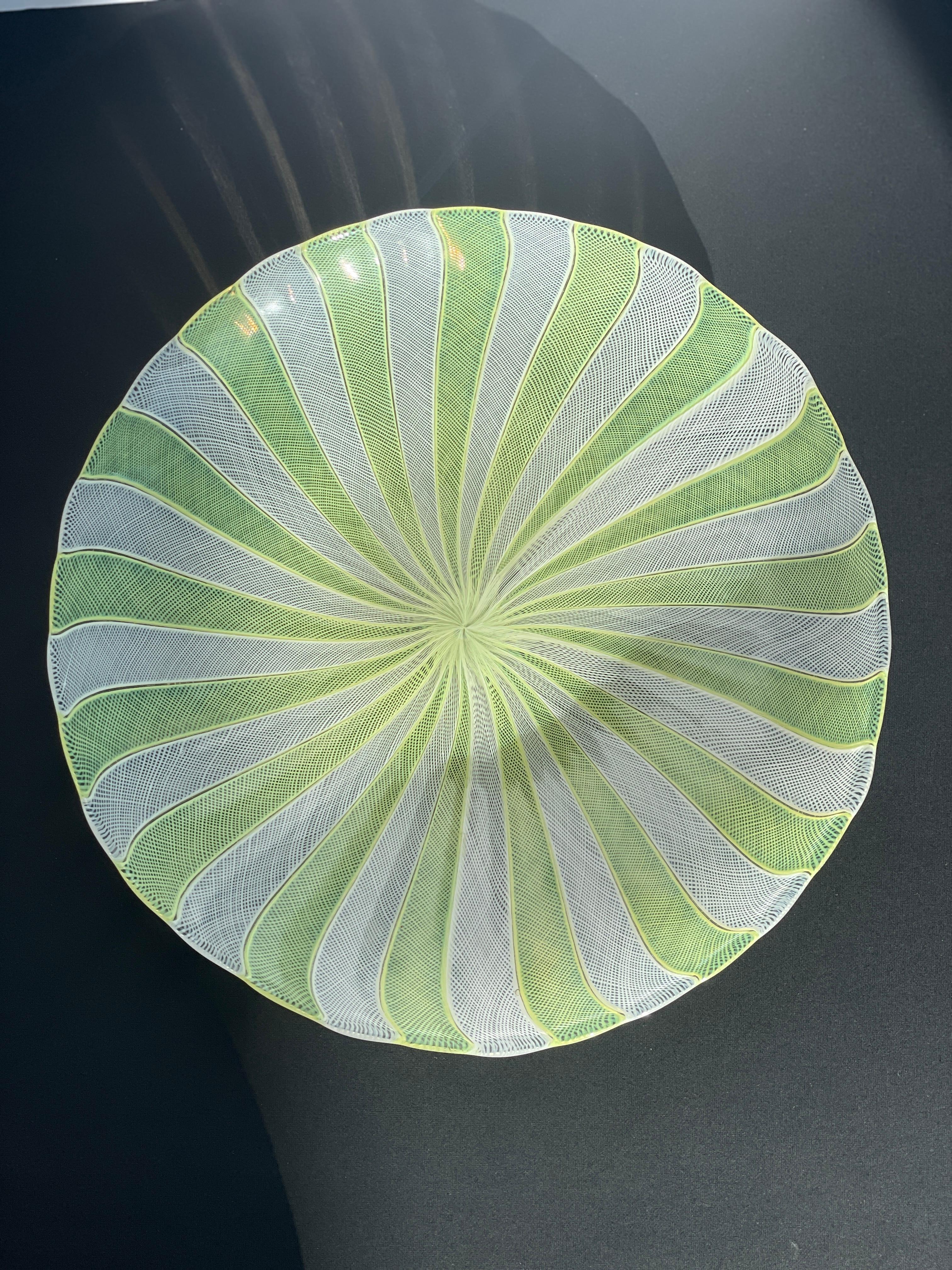 Hand-Crafted Paolo Venini Latticino Zanfirico Glass Bowl Plate Yellow White Uranium Murano For Sale