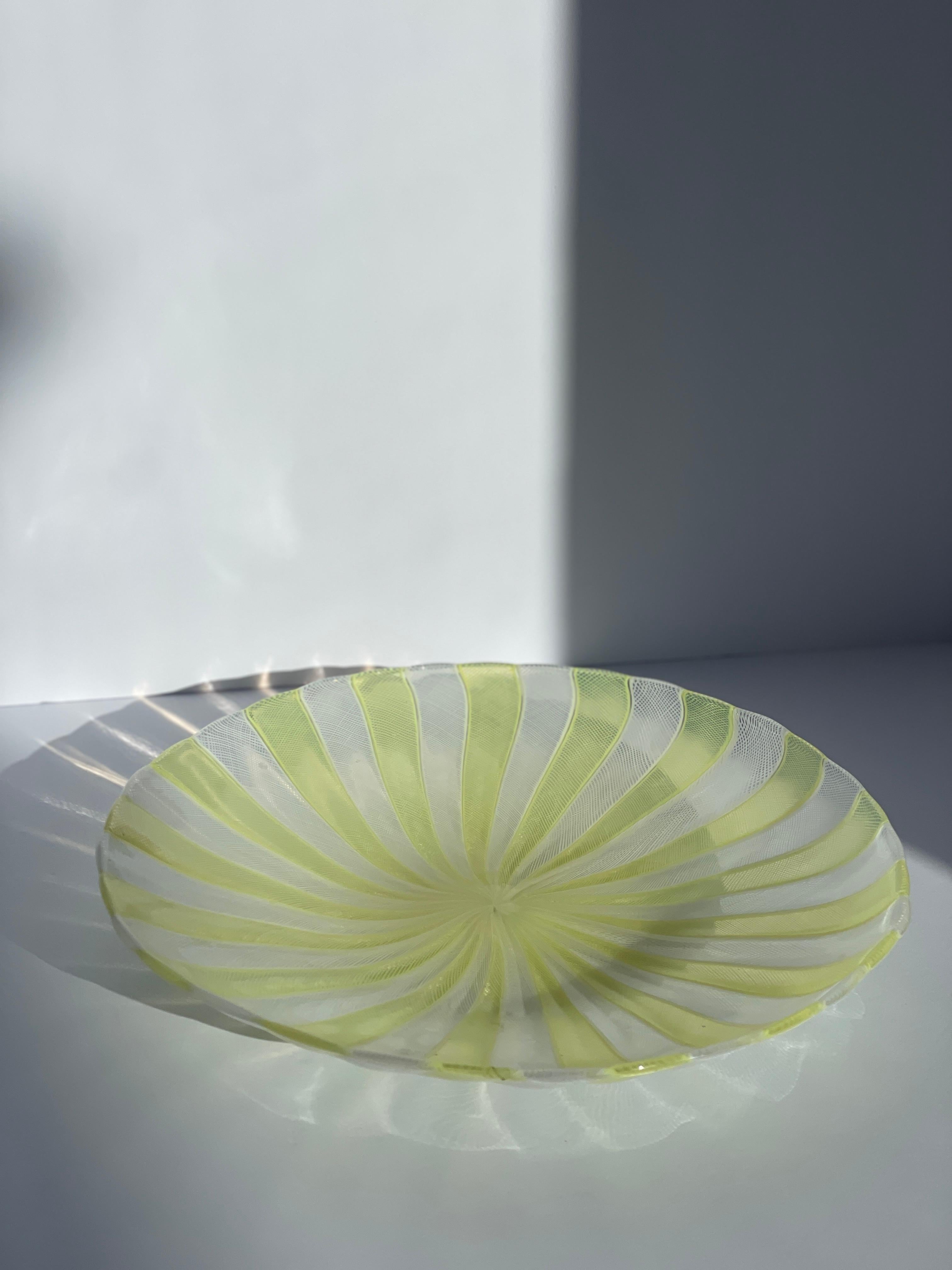Art Glass Paolo Venini Latticino Zanfirico Glass Bowl Plate Yellow White Uranium Murano For Sale