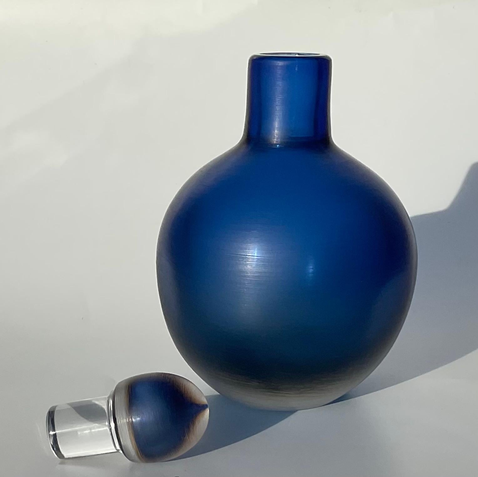 Italian Paolo Venini Murano Inciso Carved Sommerso Decanter in Vibrant blue acid signed