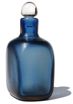 Paolo Venini Murano Label Blue Orange Inciso Technique Italian Art Glass Bottle