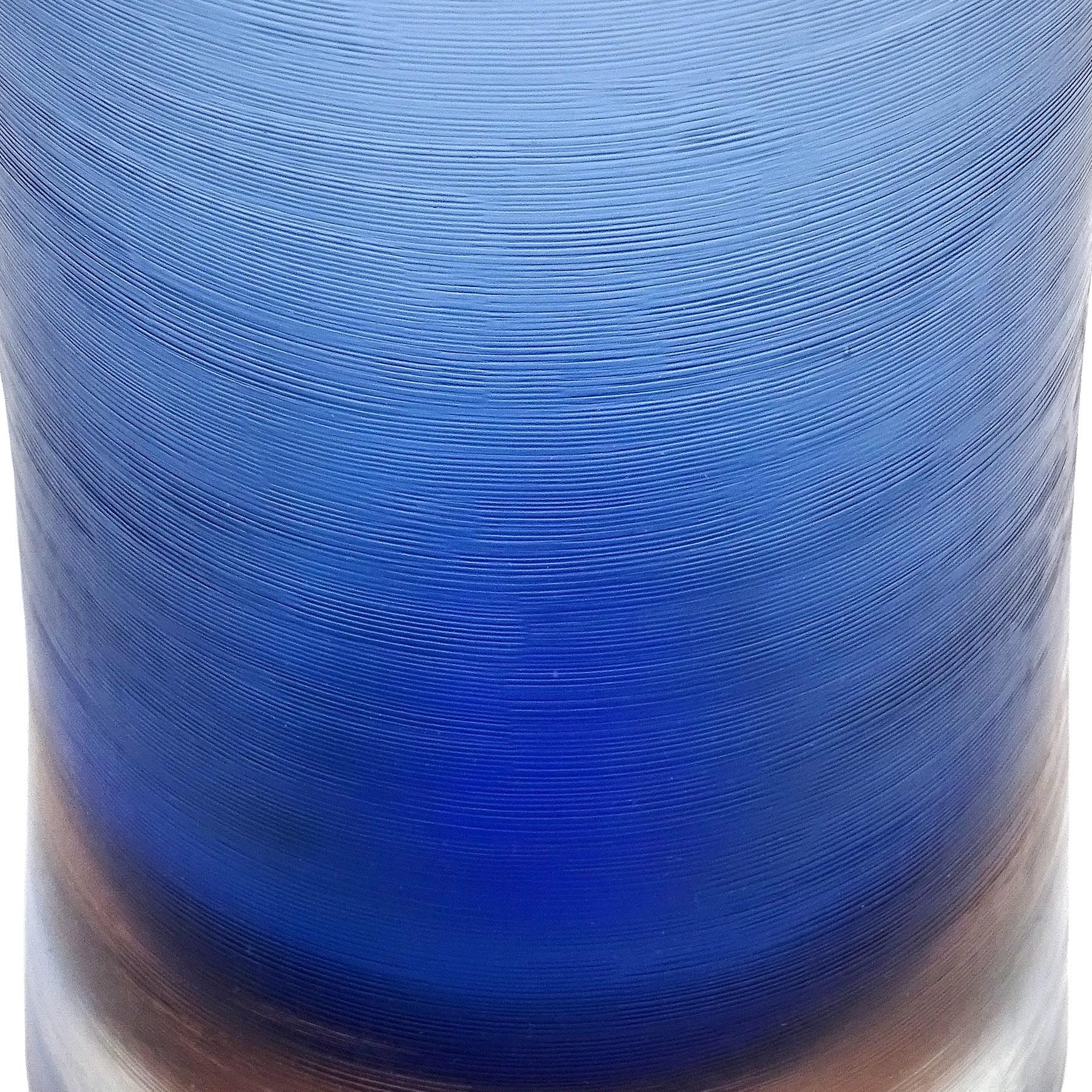 Mid-Century Modern Paolo Venini Murano Signed Blue Inciso Technique Italian Art Glass Flower Vase For Sale