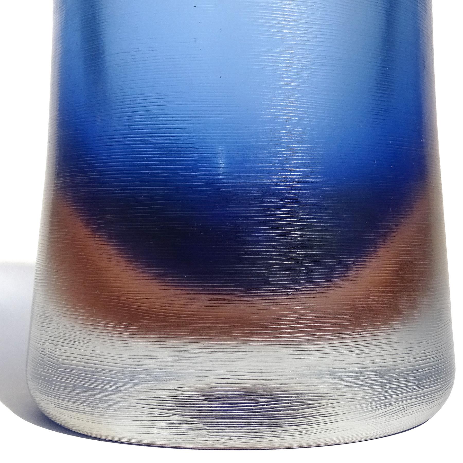 Paolo Venini Murano Signed Blue Inciso Technique Italian Art Glass Flower Vase In Good Condition For Sale In Kissimmee, FL